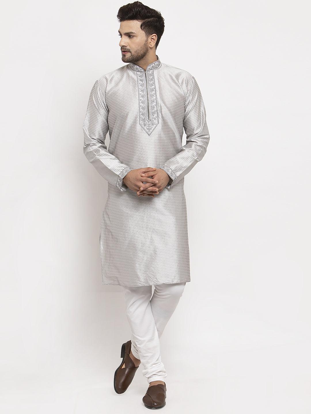 Men's Grey Yoke Design Solid Kurta With White Churidaar Pyjama - Benstoke - Indiakreations