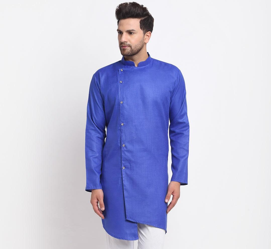 Men's Cotton Blend Royal Blue Asymmetric Kurta - Benstoke - Indiakreations