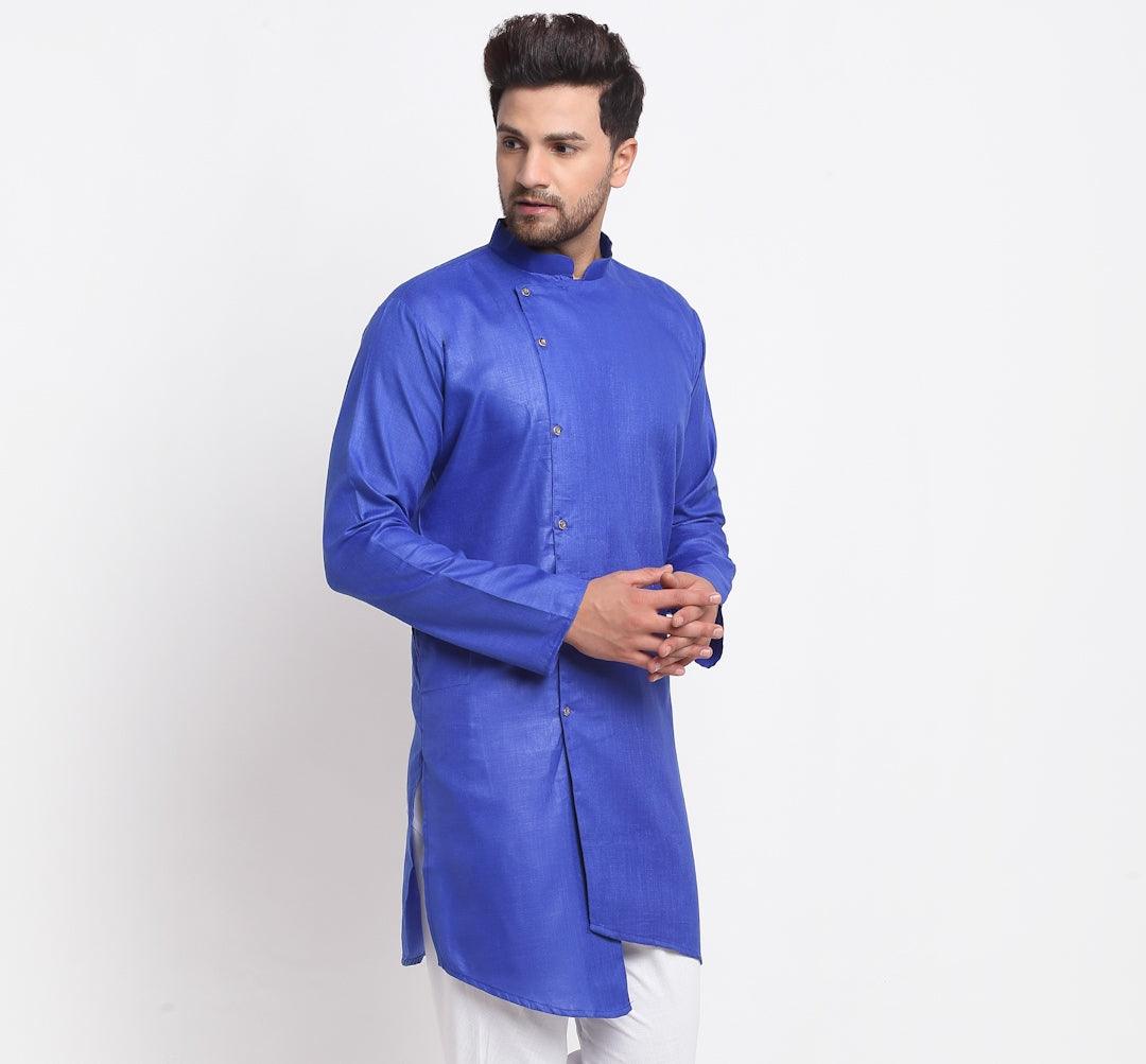 Men's Cotton Blend Royal Blue Asymmetric Kurta - Benstoke - Indiakreations