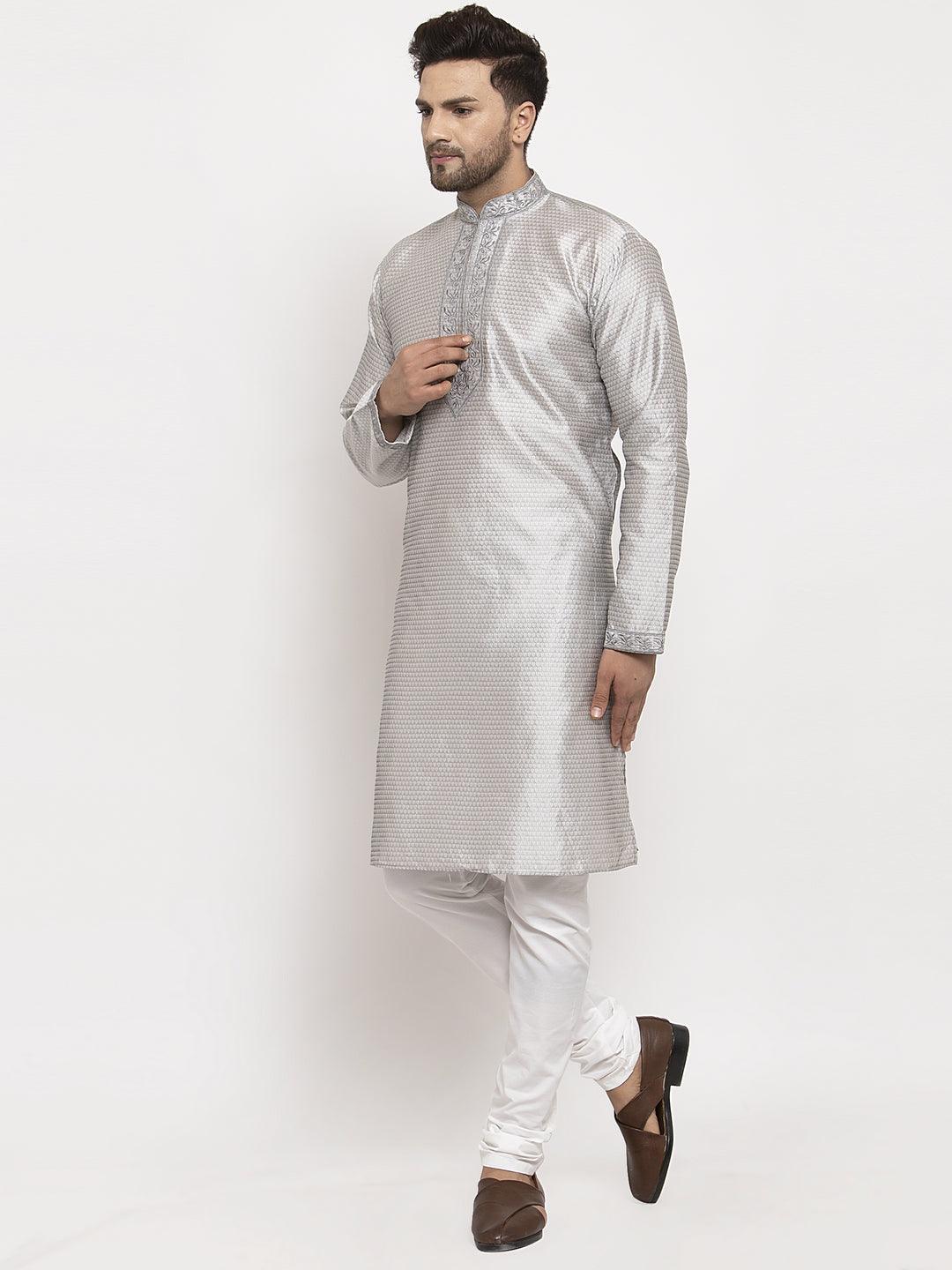 Men's Grey Yoke Design Solid Kurta With White Churidaar Pyjama - Benstoke - Indiakreations