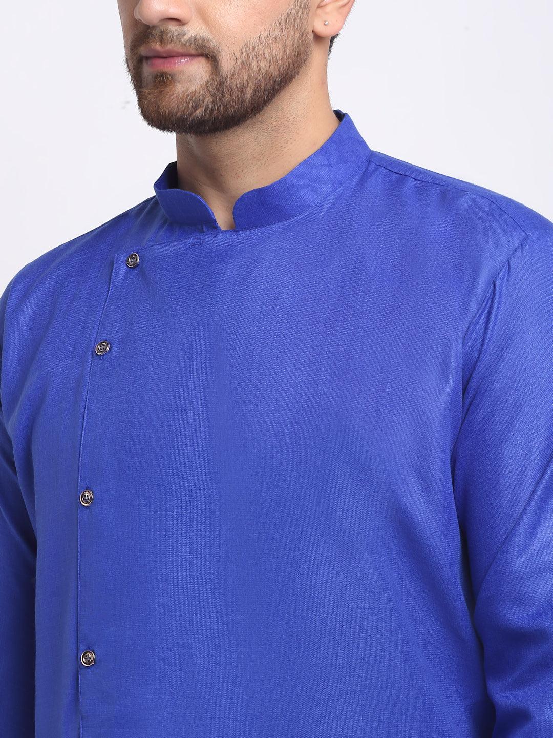 Men's Cotton Blend Royal Blue Asymmetric Kurta - Benstoke - Indiakreations