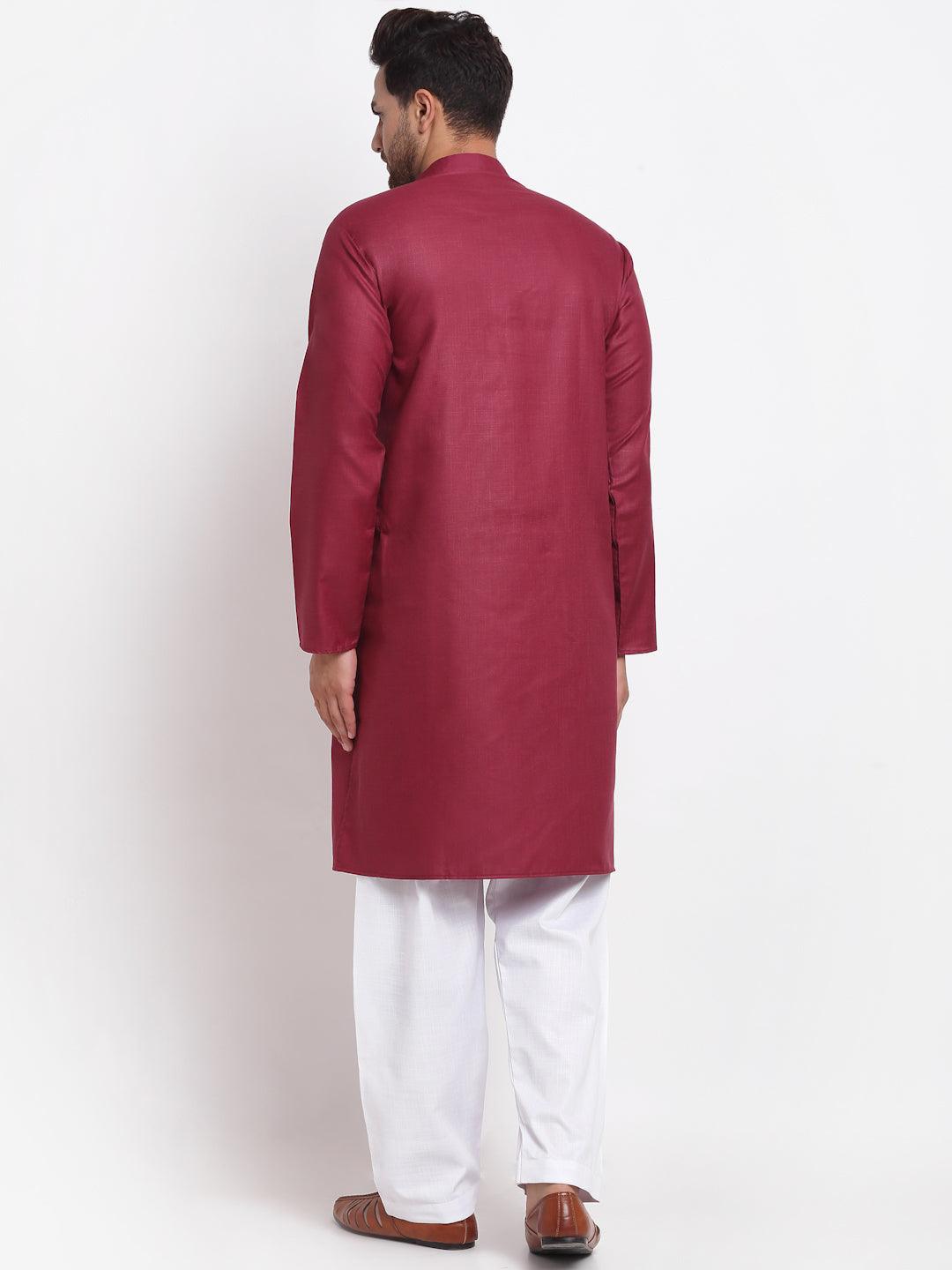 Men's Maroon Solid Kurta With White Salwar - Benstoke - Indiakreations