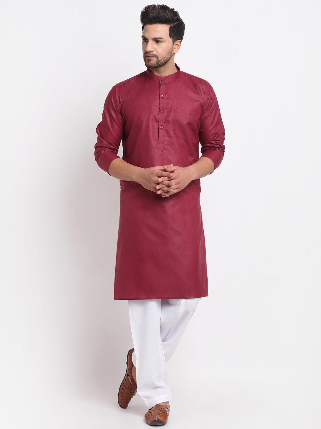 Men's Maroon Solid Kurta With White Salwar - Benstoke - Indiakreations