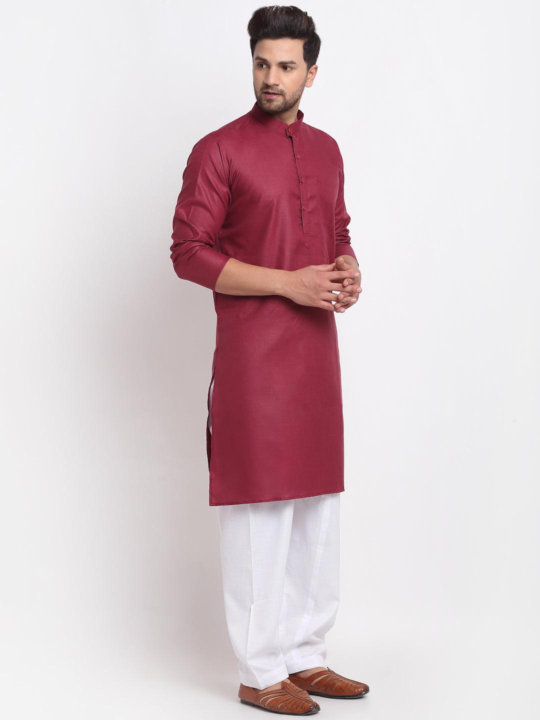 Men's Maroon Solid Kurta With White Salwar - Benstoke - Indiakreations