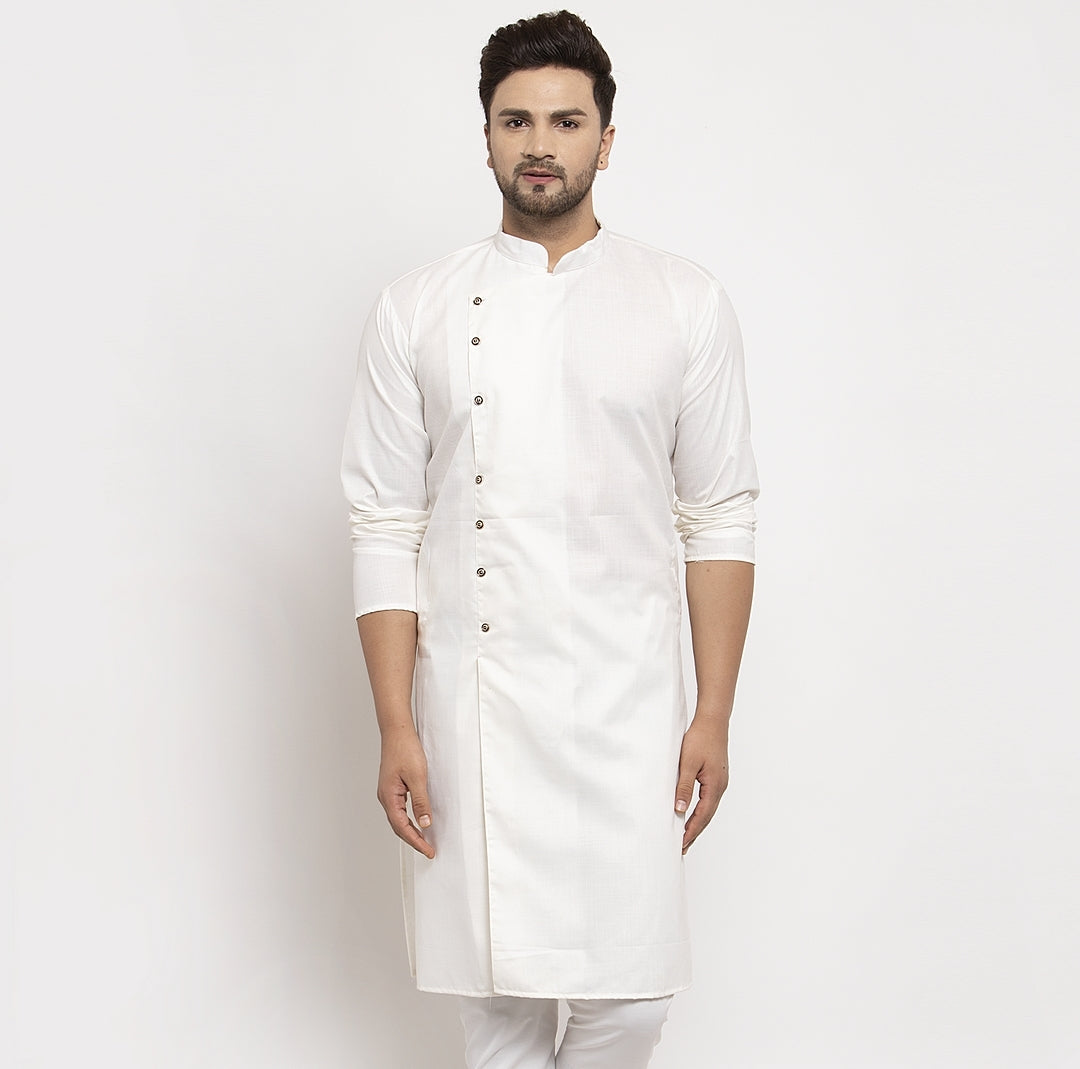 Men's White Solid Only Long Kurta - Benstoke