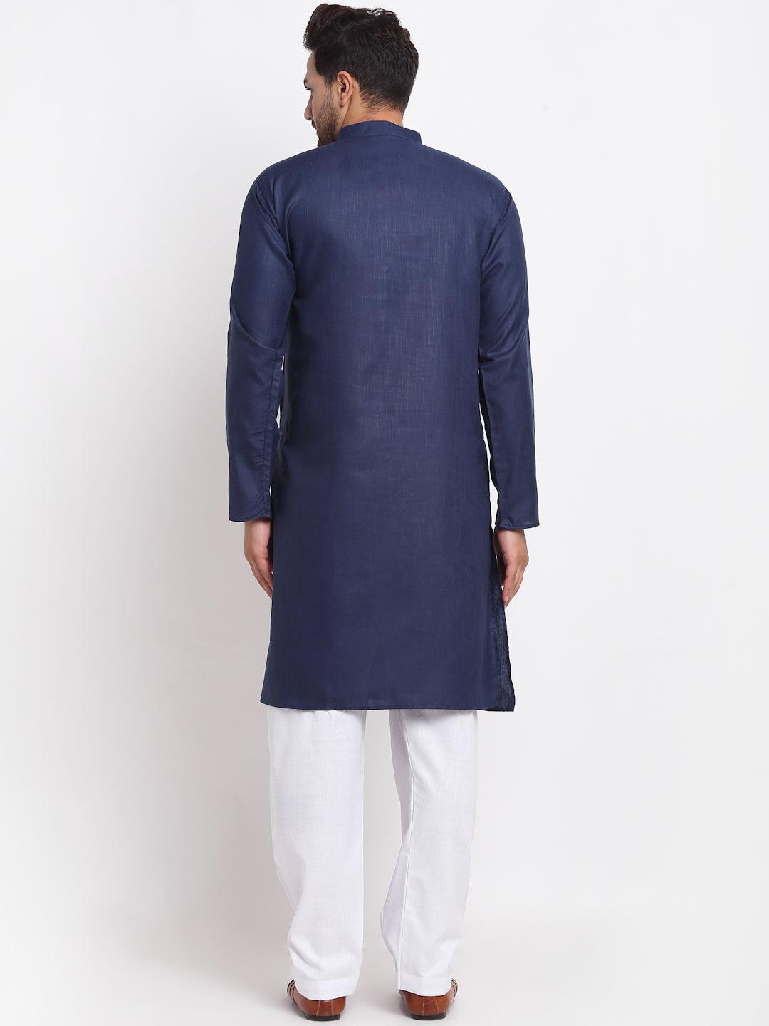 Men's Navy Blue Solid Kurta With White Salwar - Benstoke - Indiakreations