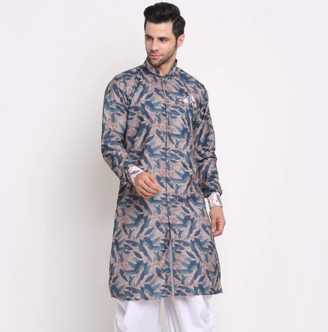 Men's Cotton Grey & Navy Blue White Printed Straight Kurta - Benstoke