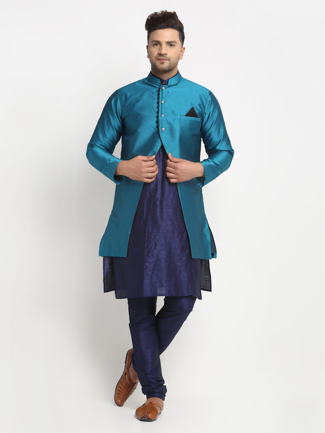 Men's Navy Blue Kurta With Pyjama & Peacock Blue Self Design Jacket - Benstoke