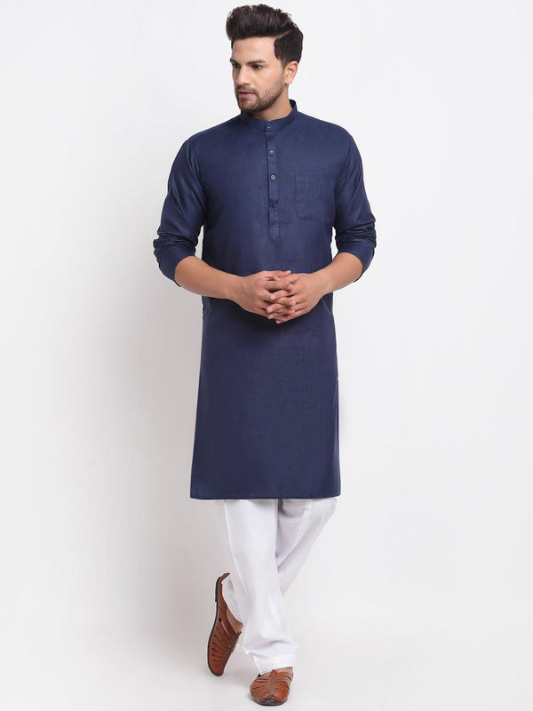 Men's Navy Blue Solid Kurta With White Salwar - Benstoke - Indiakreations