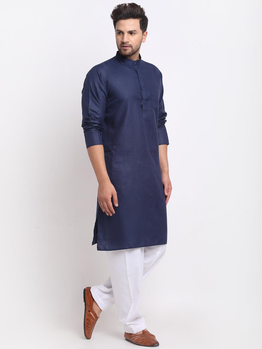 Men's Navy Blue Solid Kurta With White Salwar - Benstoke - Indiakreations