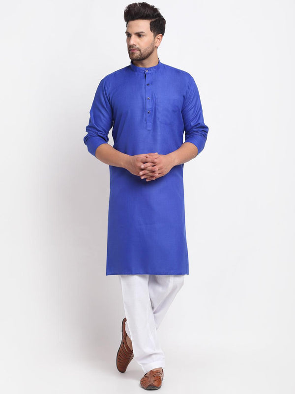 Men's Royal Blue Solid Kurta With White Salwar - Benstoke - Indiakreations