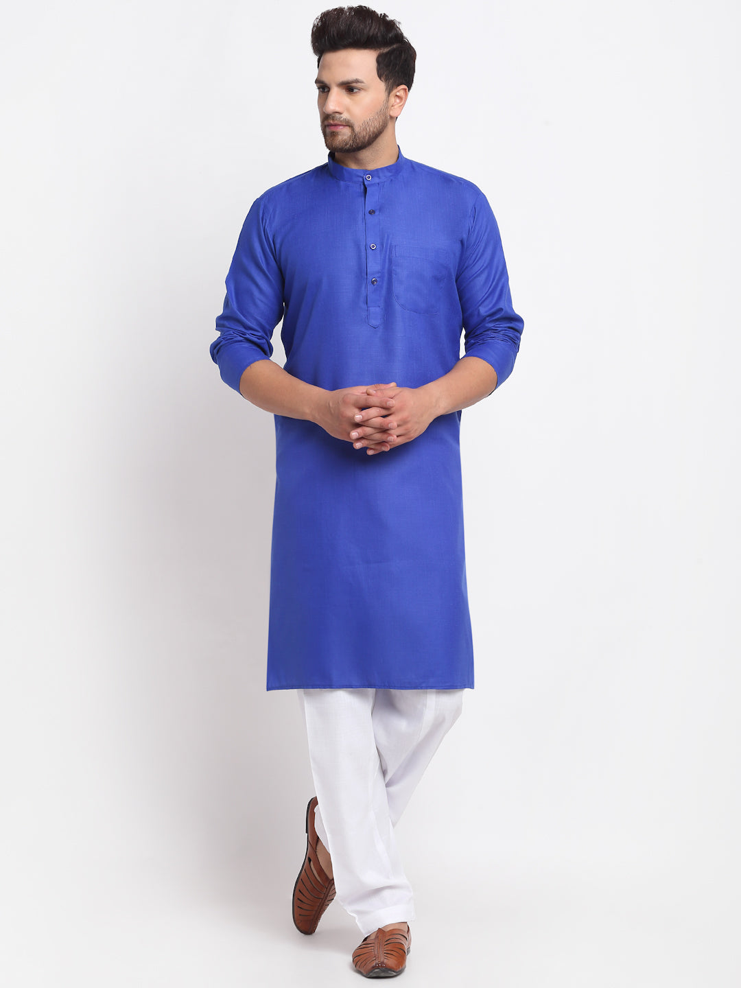 Men's Royal Blue Solid Kurta With White Salwar - Benstoke