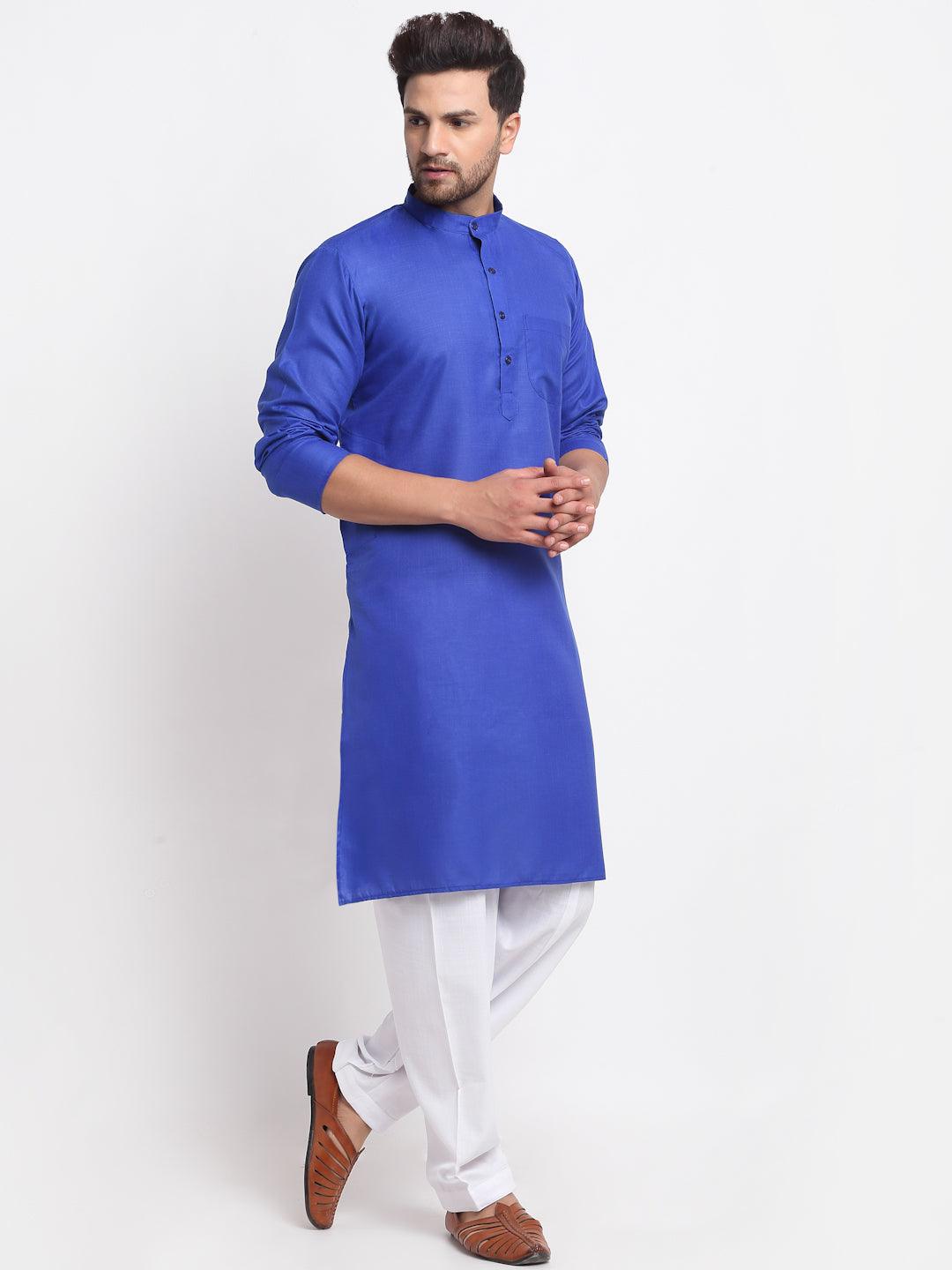 Men's Royal Blue Solid Kurta With White Salwar - Benstoke - Indiakreations