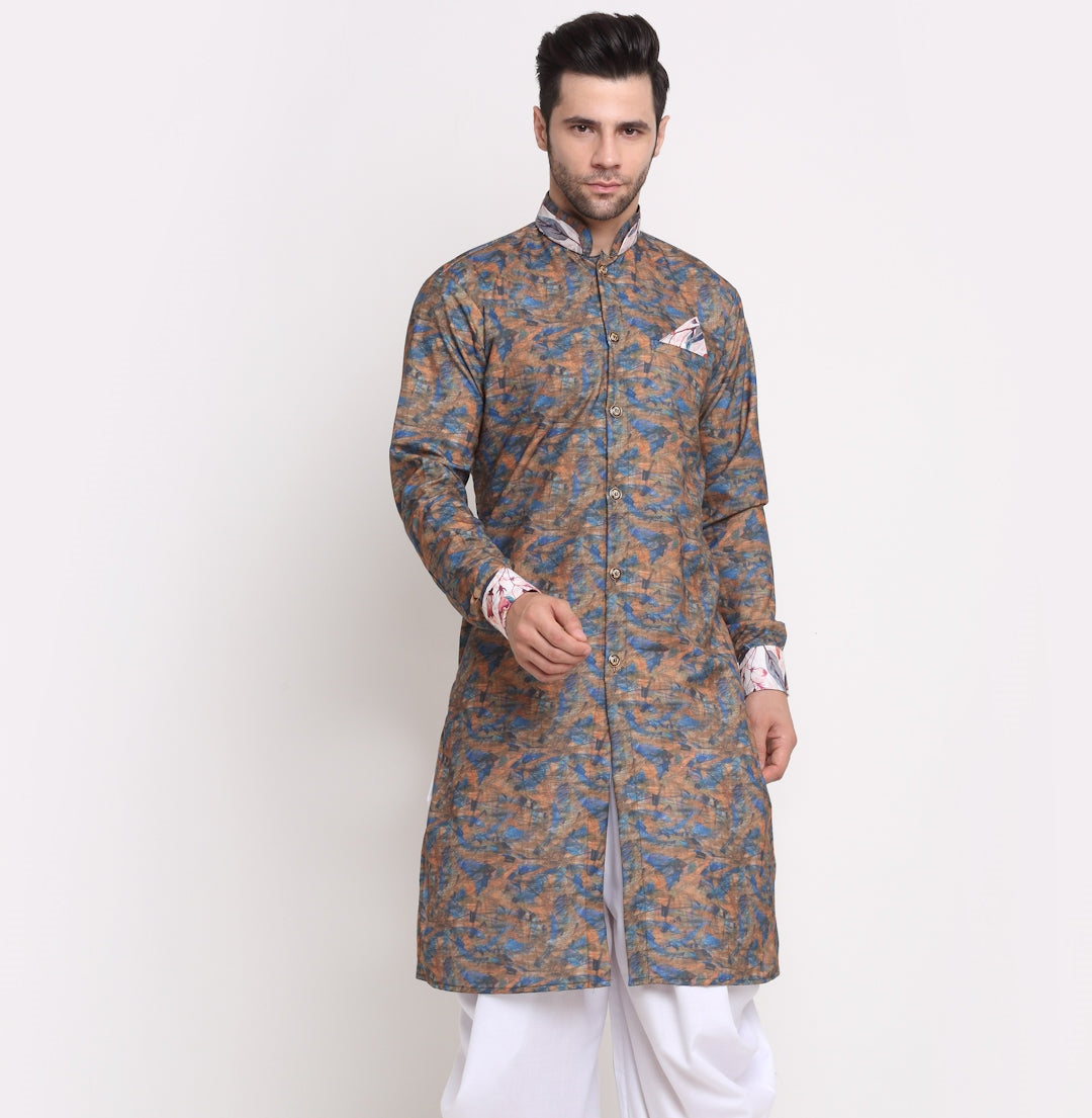 Men's Cotton Brown & Blue Printed Straight Kurta - Benstoke