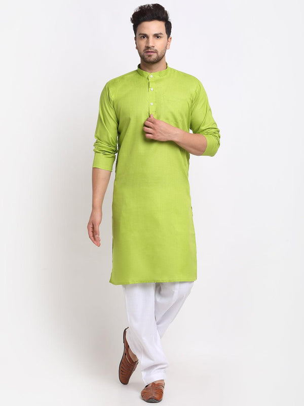 Men's Parrot Green Solid Kurta With White Salwar - Benstoke - Indiakreations