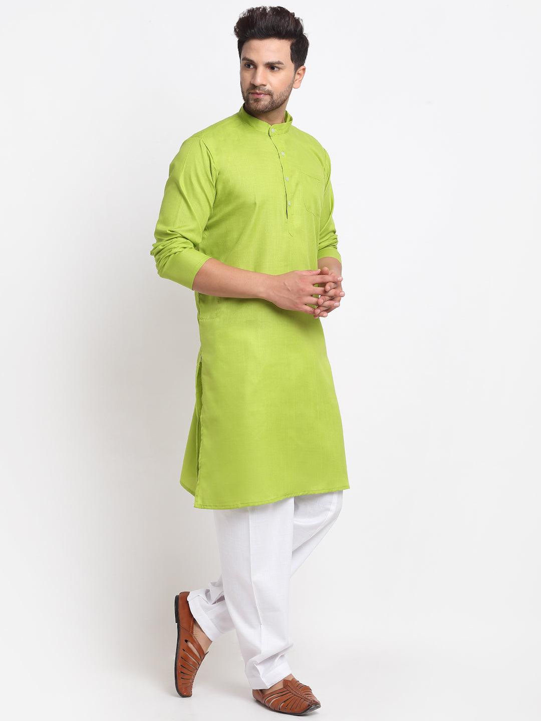 Men's Parrot Green Solid Kurta With White Salwar - Benstoke - Indiakreations