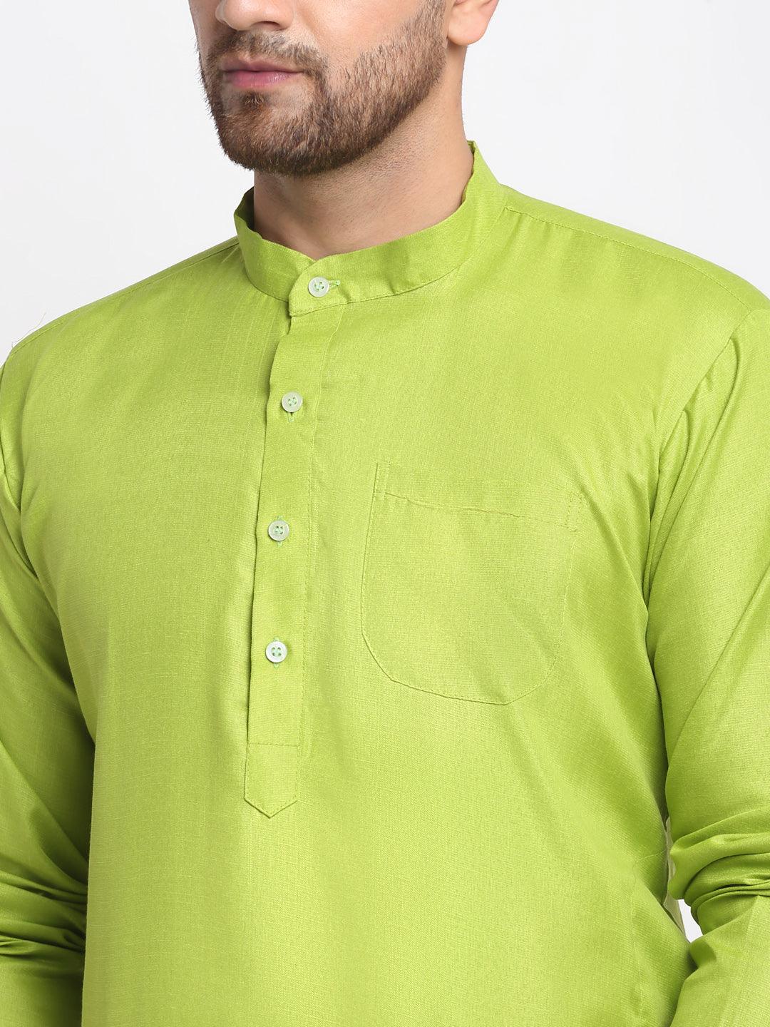 Men's Parrot Green Solid Kurta With White Salwar - Benstoke - Indiakreations