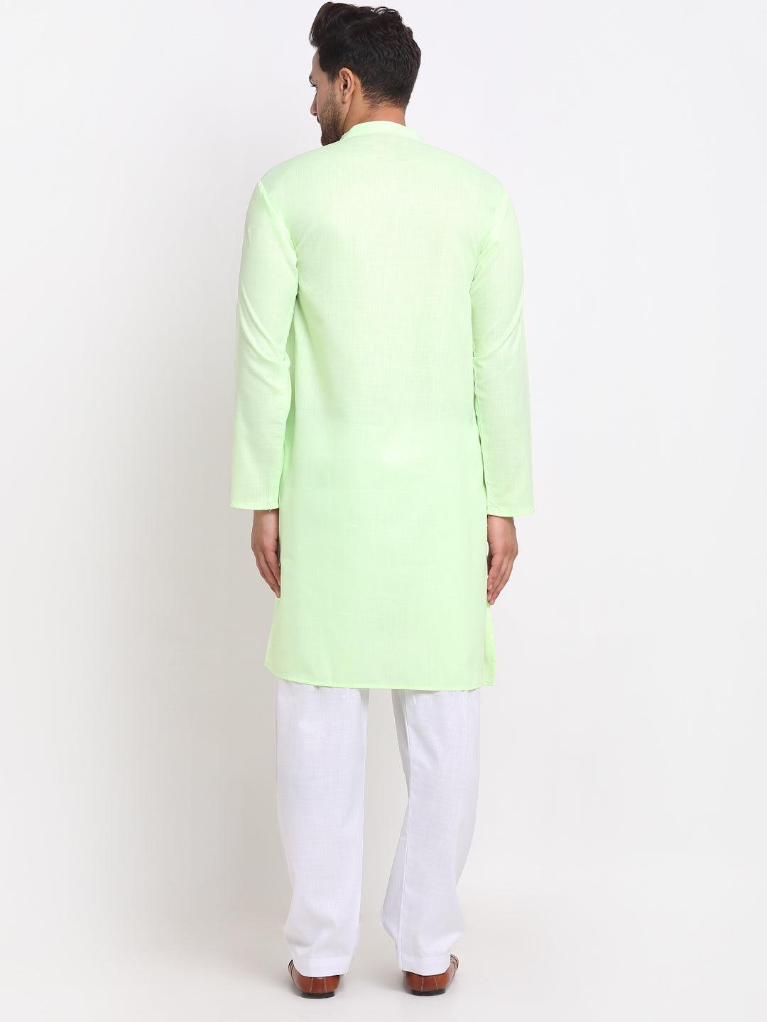 Men's Lime Green Solid Kurta With White Salwar - Benstoke - Indiakreations