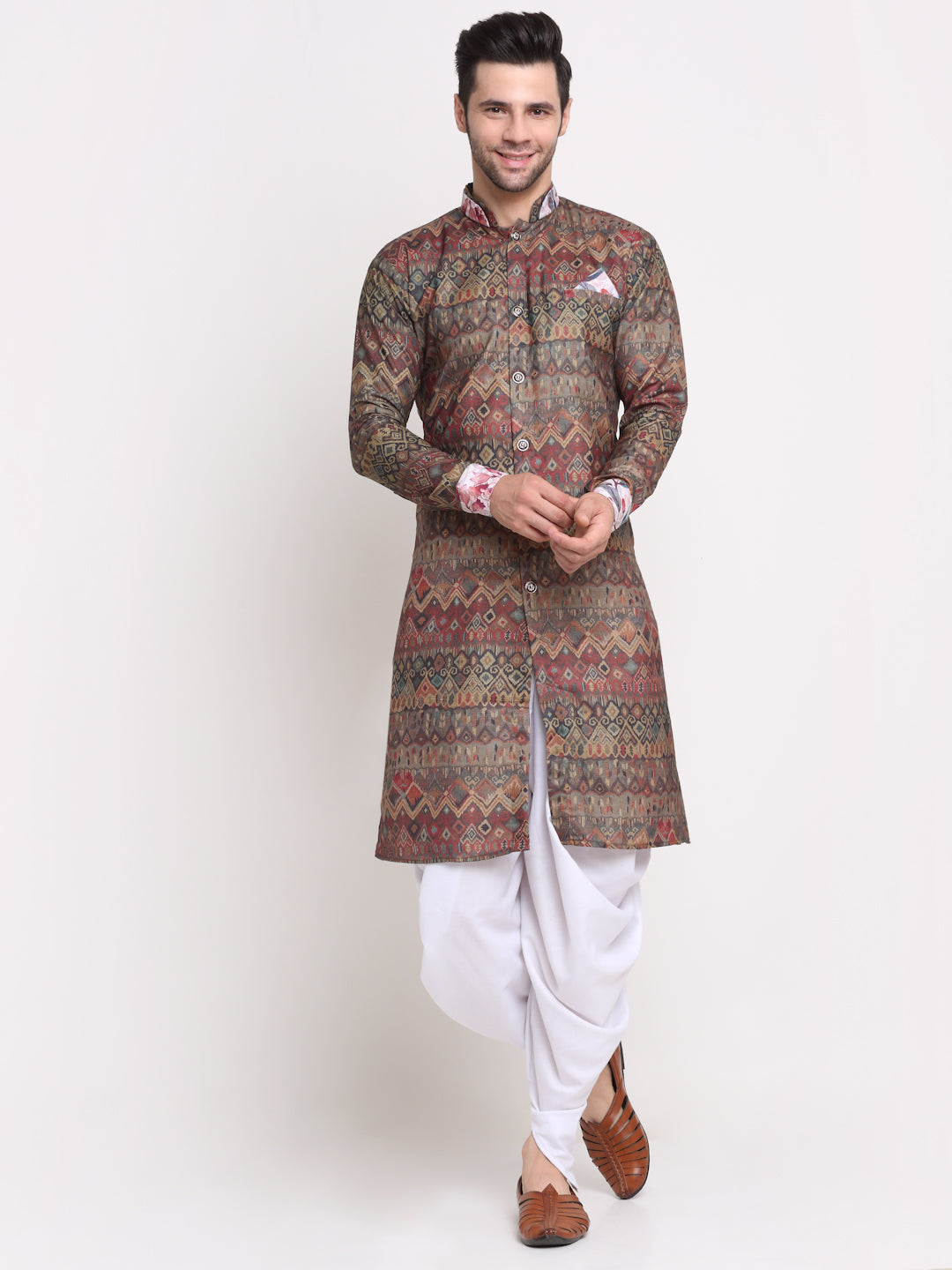 Men's Brown & Beige Printed Kurta With White Dhoti Pant - Benstoke