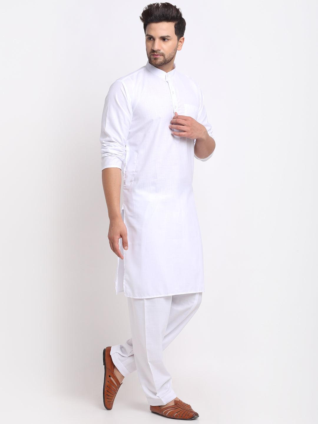 Men's White Solid Kurta With Salwar - Benstoke - Indiakreations