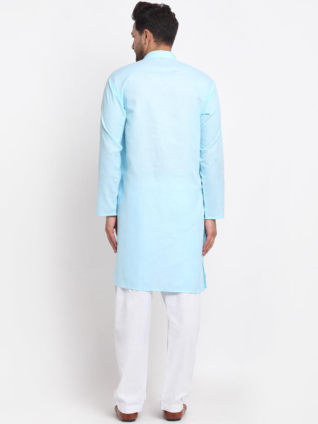 Men's Sky Blue Solid Kurta With White Salwar - Benstoke - Indiakreations