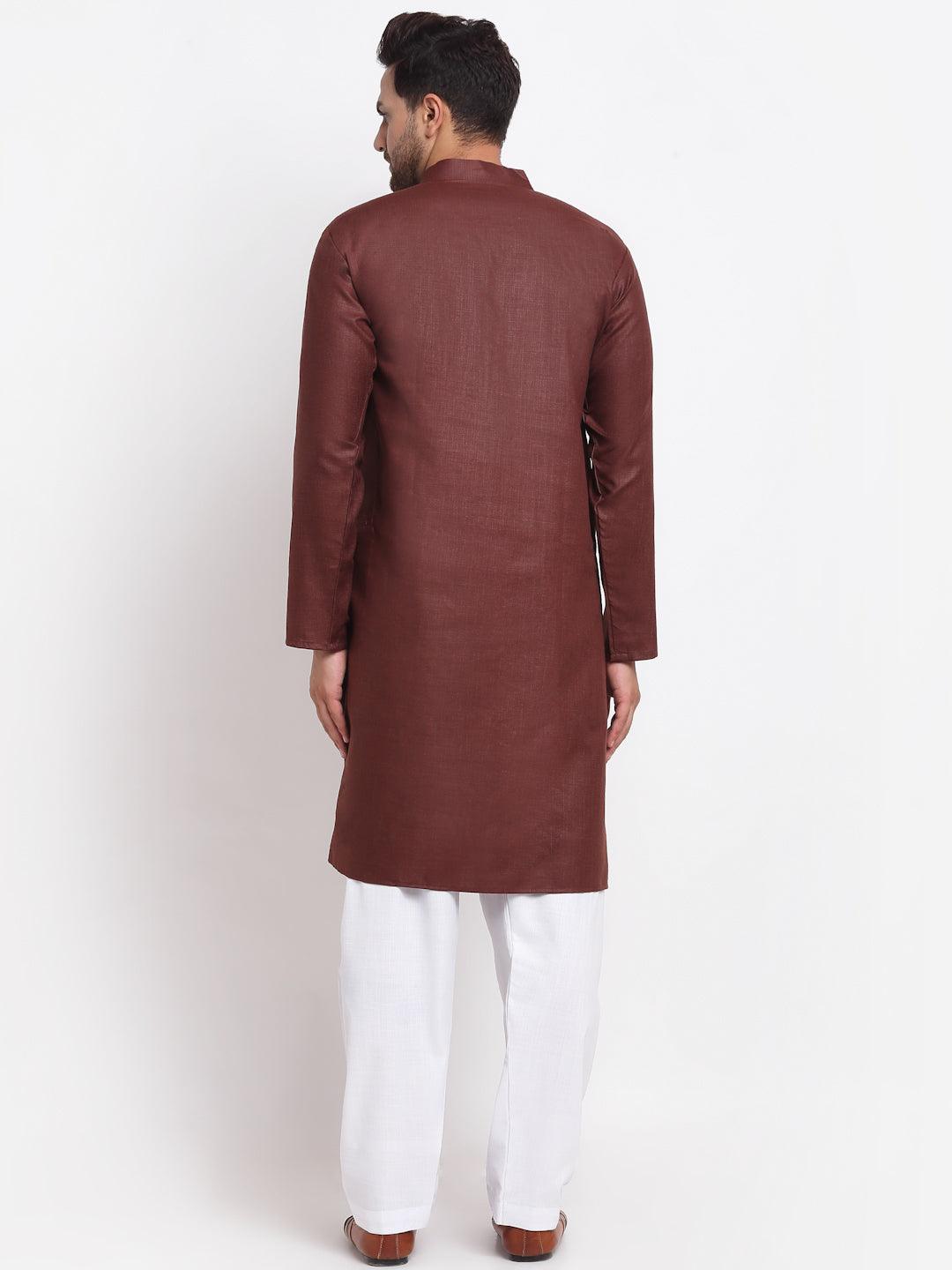 Men's Brown Solid Kurta With White Salwar - Benstoke - Indiakreations