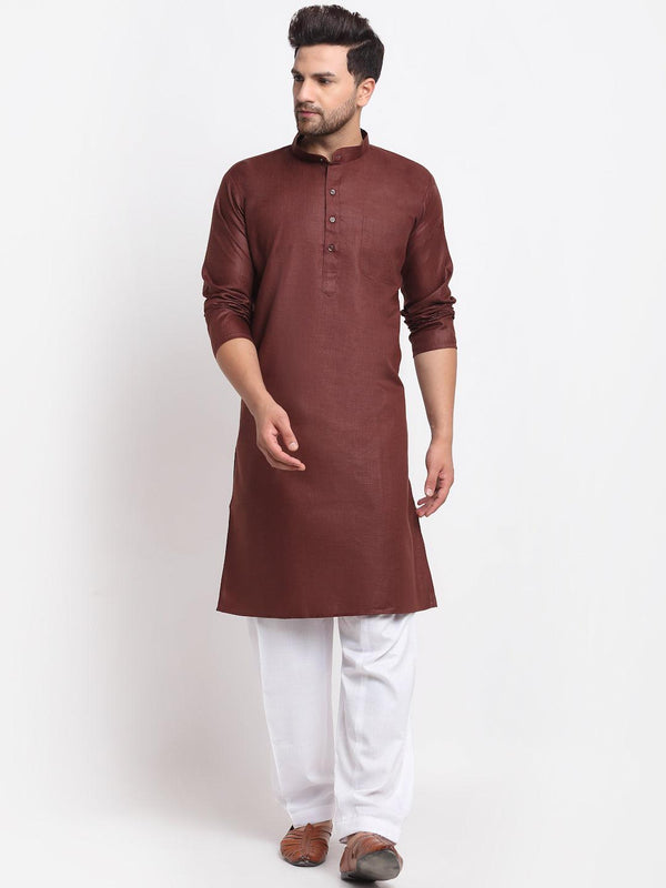 Men's Brown Solid Kurta With White Salwar - Benstoke - Indiakreations