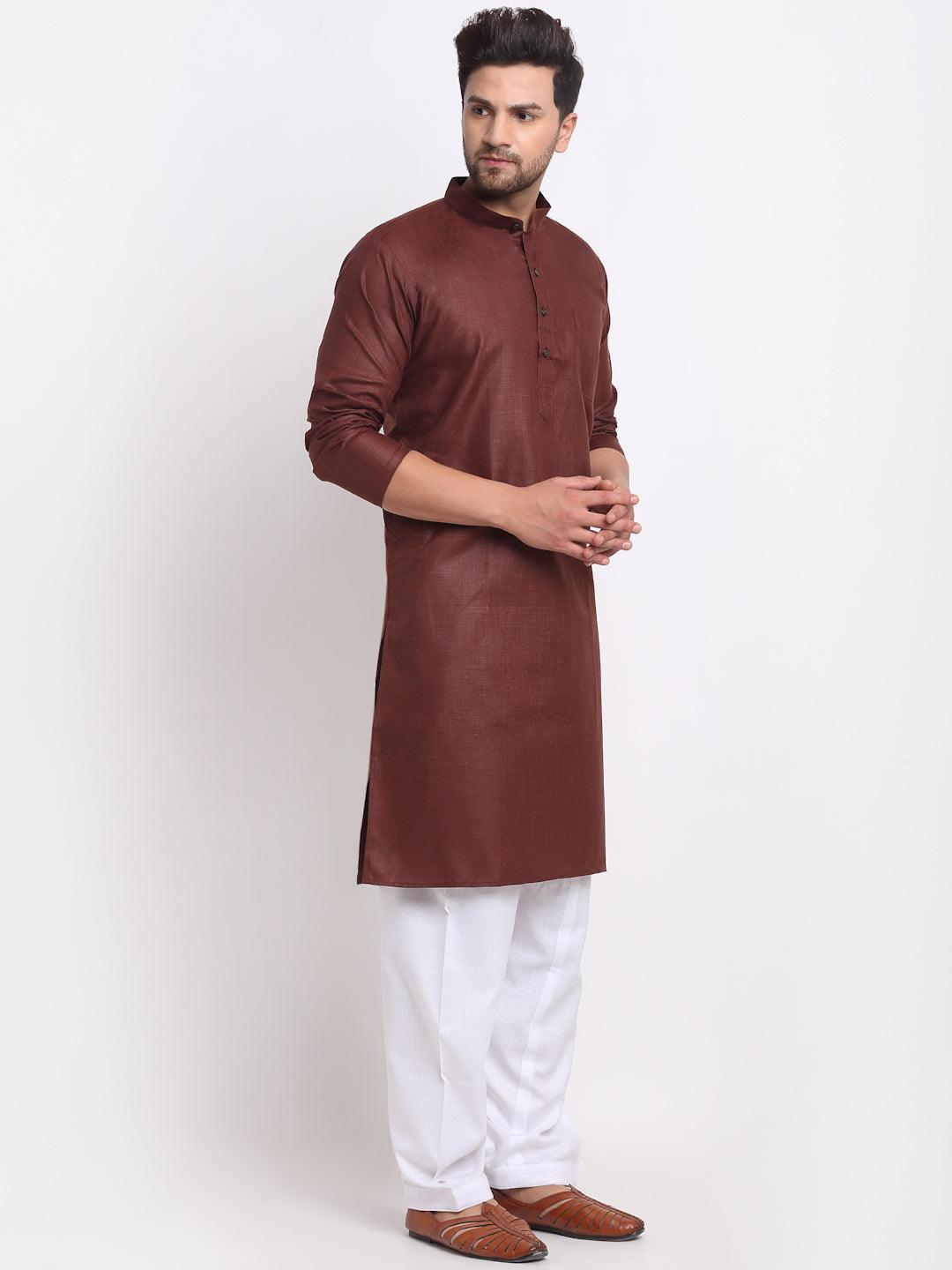 Men's Brown Solid Kurta With White Salwar - Benstoke - Indiakreations