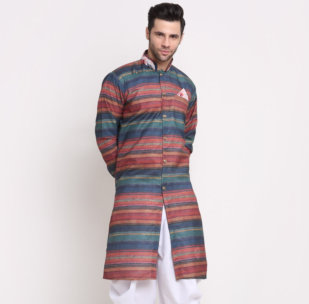 Men's Cotton Maroon & Navy Blue Printed Straight Kurta - Benstoke