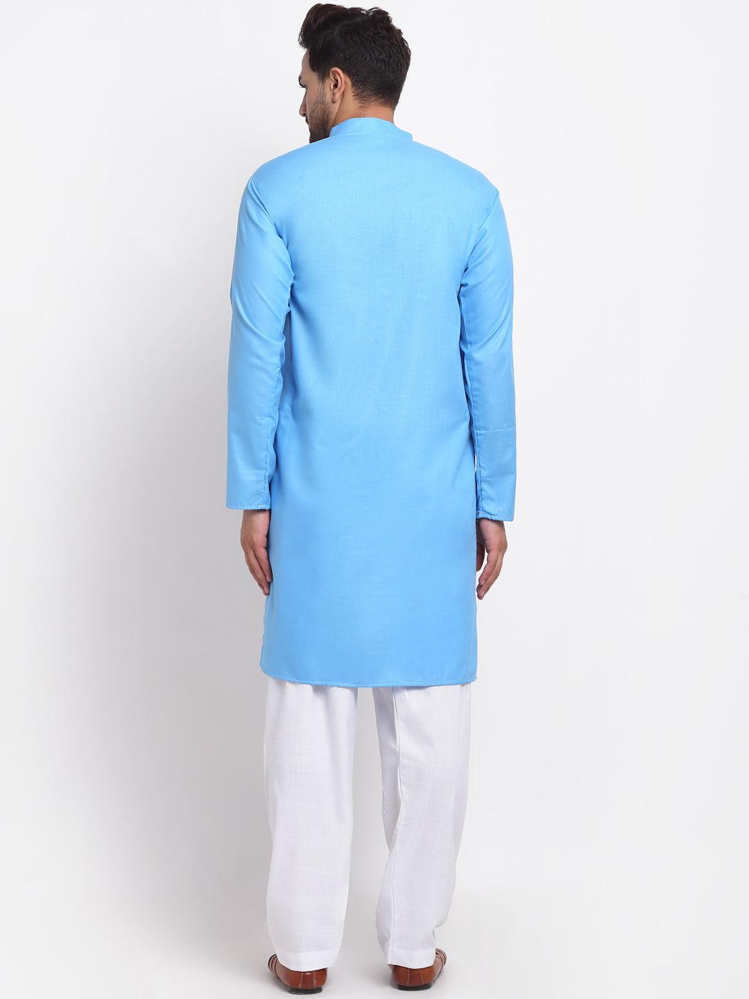 Men's Aqua Blue Solid Kurta With White Salwar - Benstoke - Indiakreations