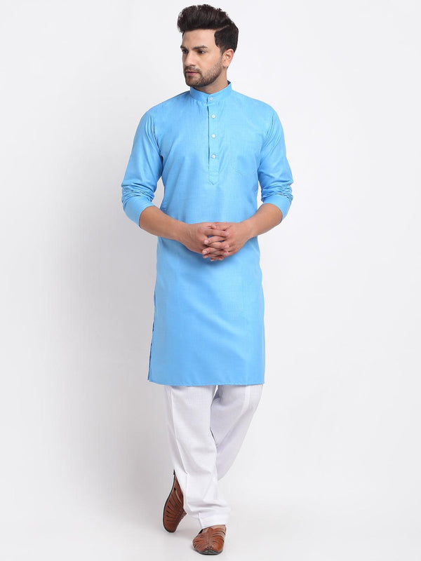 Men's Aqua Blue Solid Kurta With White Salwar - Benstoke - Indiakreations