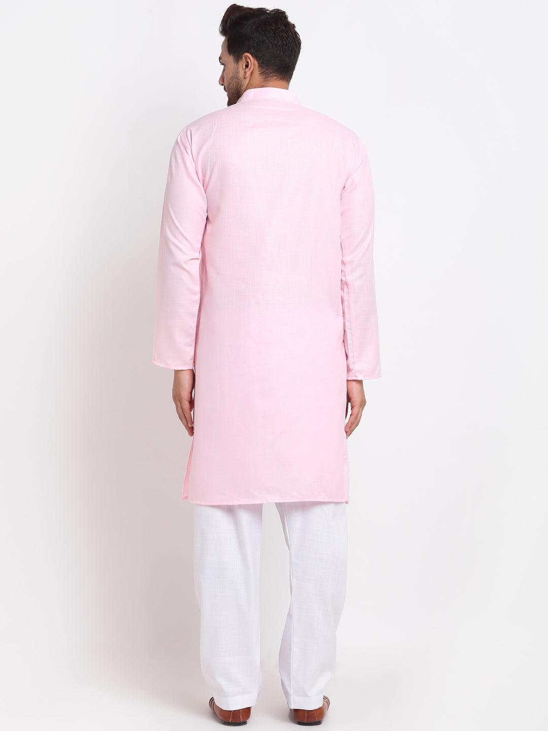 Men's Pink Solid Pathani Kurta With White Salwar - Benstoke - Indiakreations