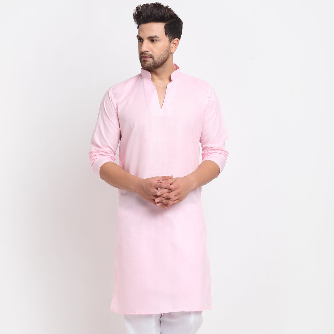 Men's Cotton Blend Pink Straight Long Kurta - Benstoke