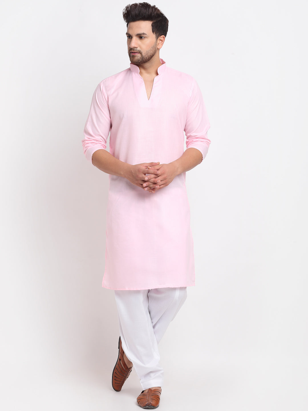 Men's Pink Solid Pathani Kurta With White Salwar - Benstoke