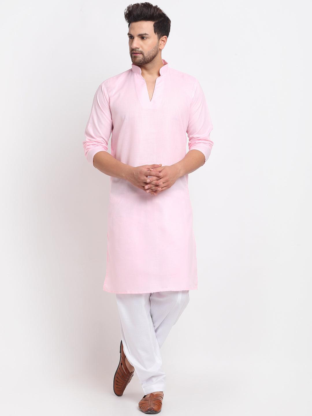 Men's Pink Solid Pathani Kurta With White Salwar - Benstoke - Indiakreations