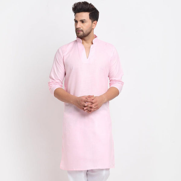 Men's Cotton Blend Pink Straight Long Kurta - Benstoke - Indiakreations