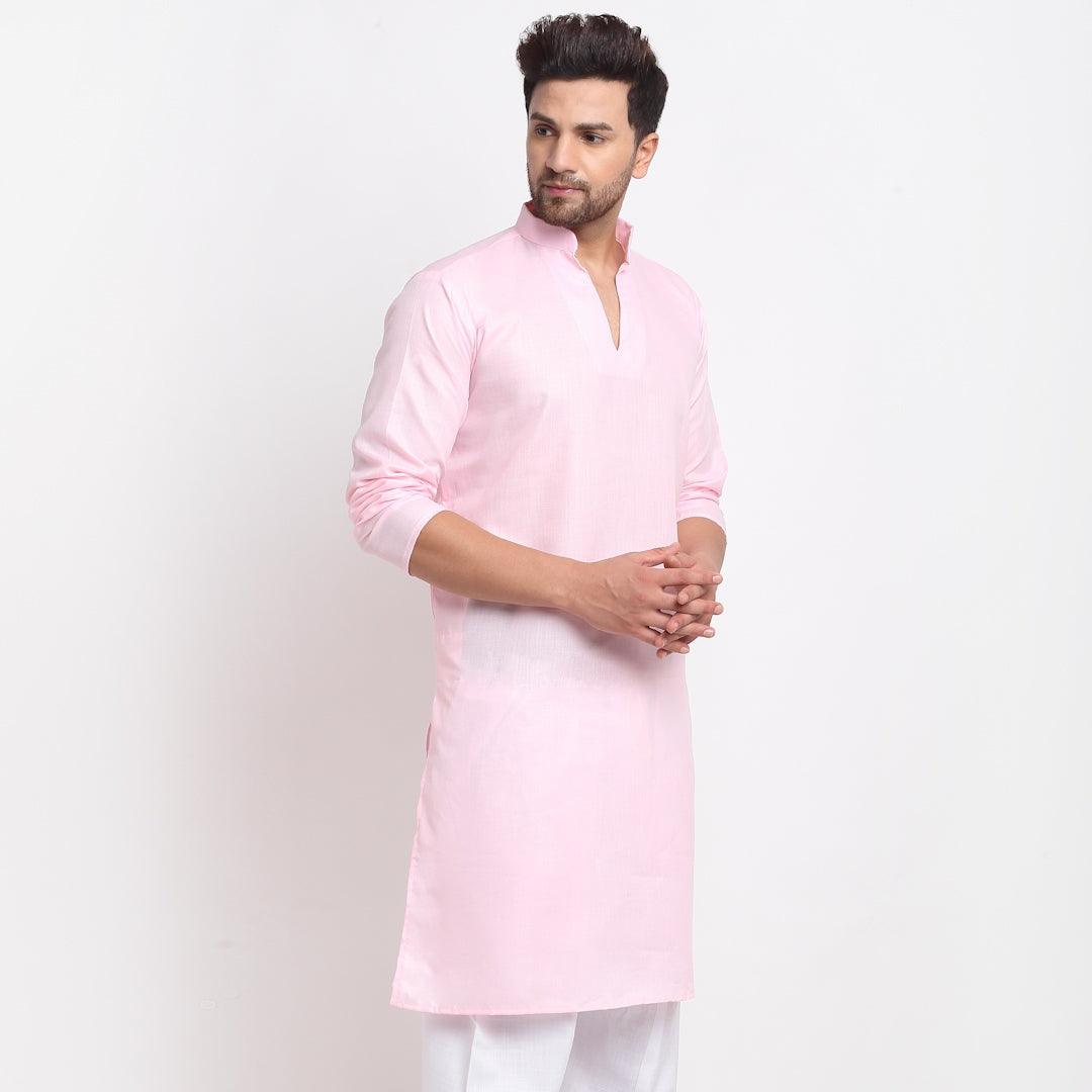 Men's Cotton Blend Pink Straight Long Kurta - Benstoke - Indiakreations