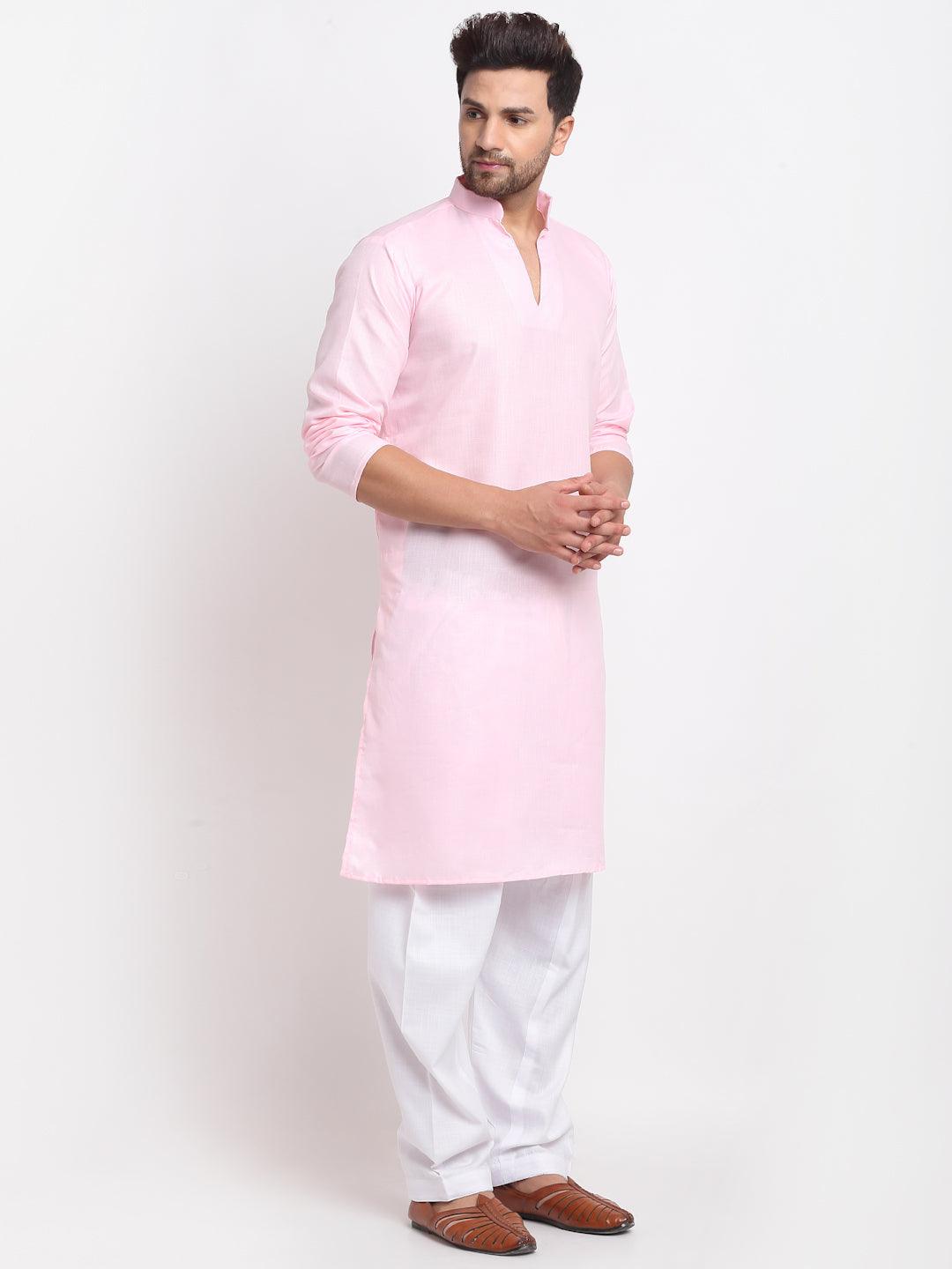 Men's Pink Solid Pathani Kurta With White Salwar - Benstoke - Indiakreations