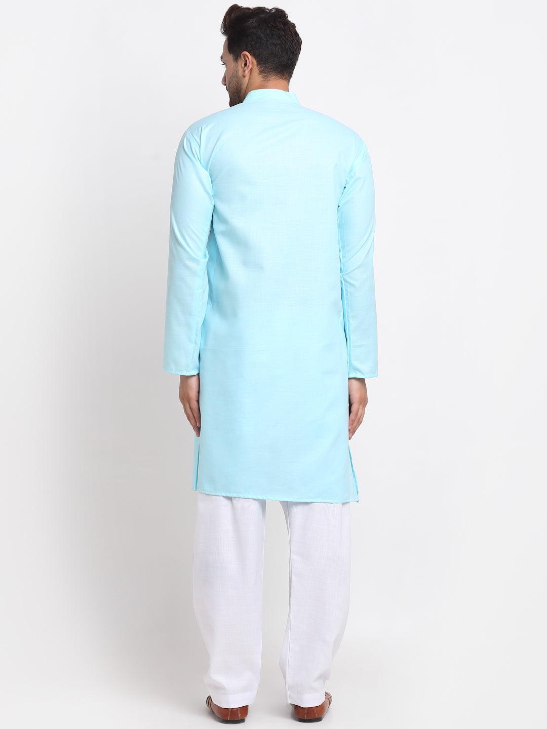 Men's Sky Blue Solid Pathani Kurta With White Salwar - Benstoke - Indiakreations