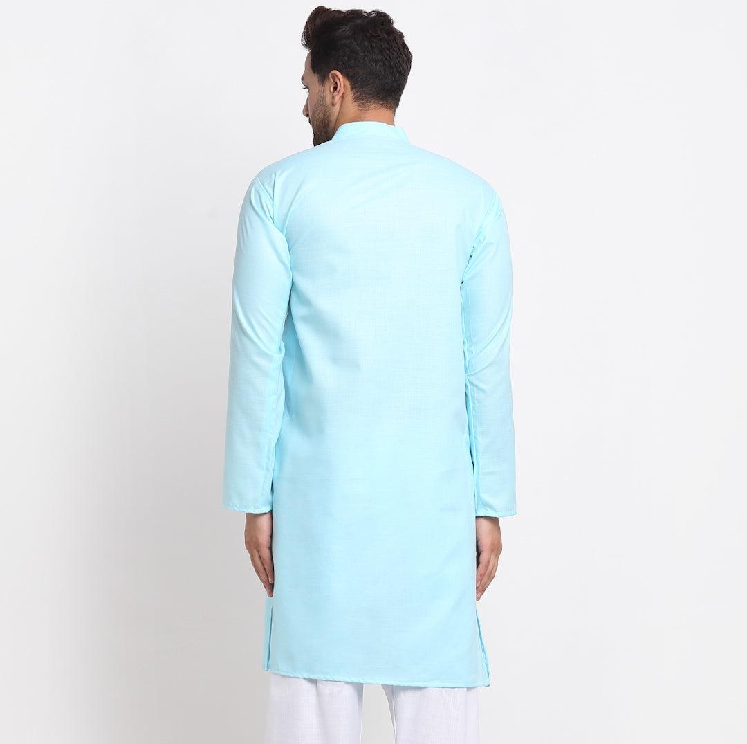 Men's Cotton Blend Sky Blue Straight Long Kurta - Benstoke - Indiakreations