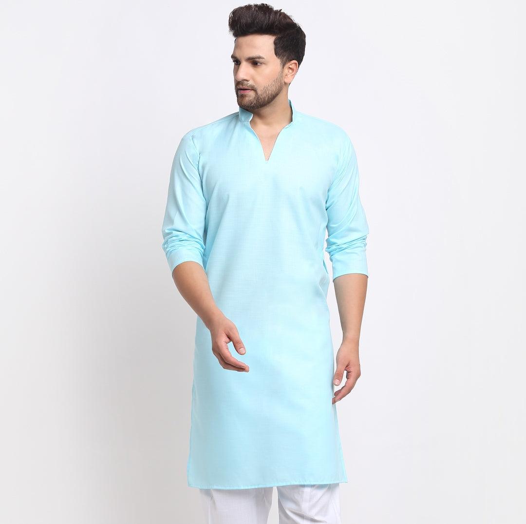 Men's Cotton Blend Sky Blue Straight Long Kurta - Benstoke - Indiakreations