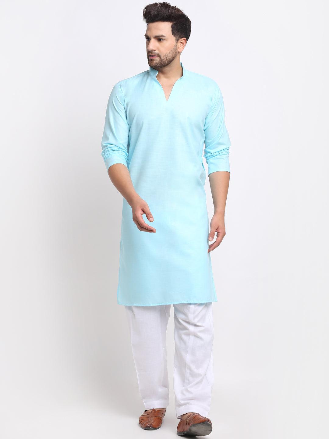 Men's Sky Blue Solid Pathani Kurta With White Salwar - Benstoke - Indiakreations