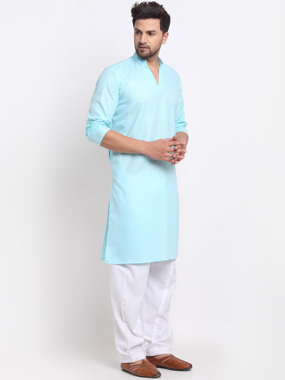 Men's Sky Blue Solid Pathani Kurta With White Salwar - Benstoke - Indiakreations