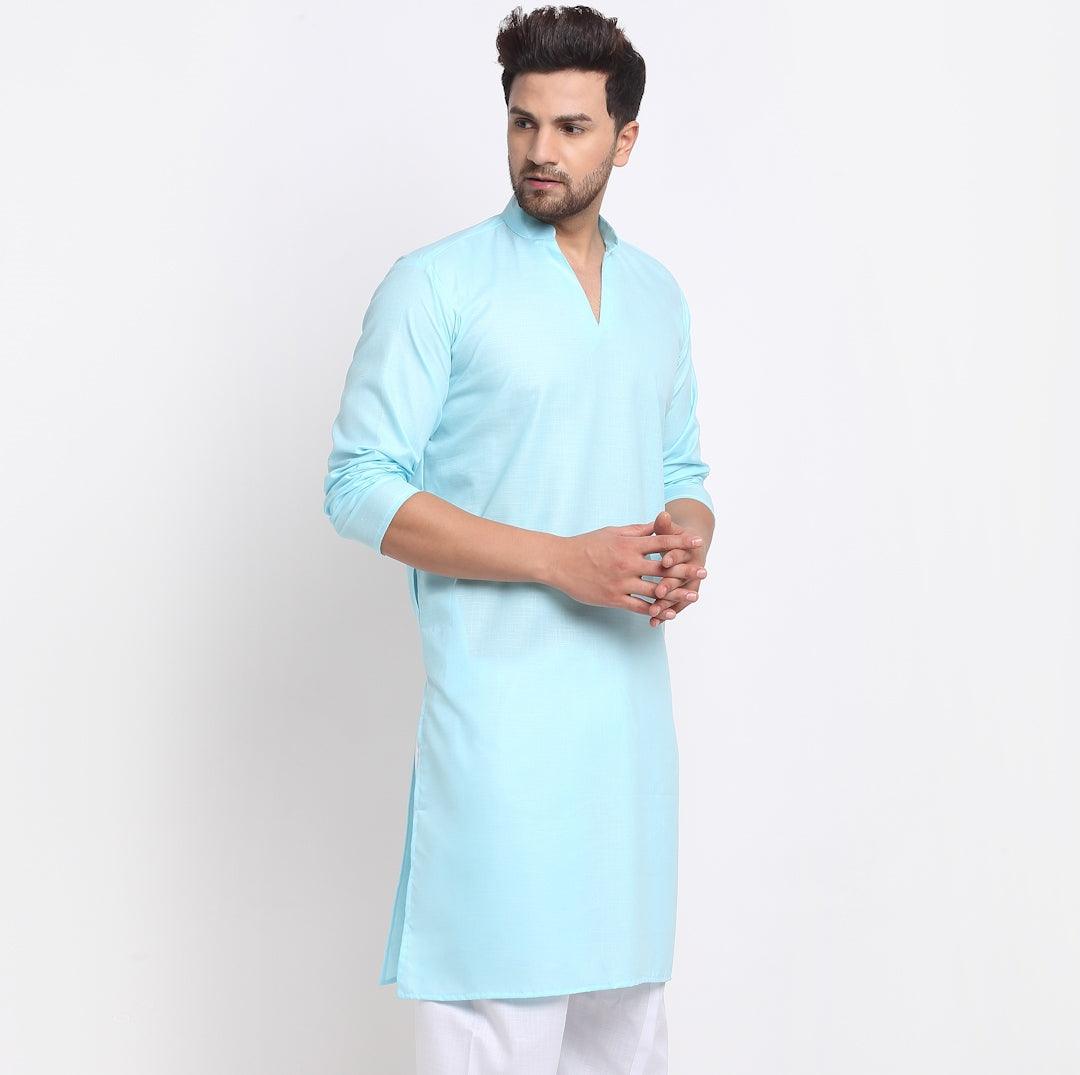 Men's Cotton Blend Sky Blue Straight Long Kurta - Benstoke - Indiakreations