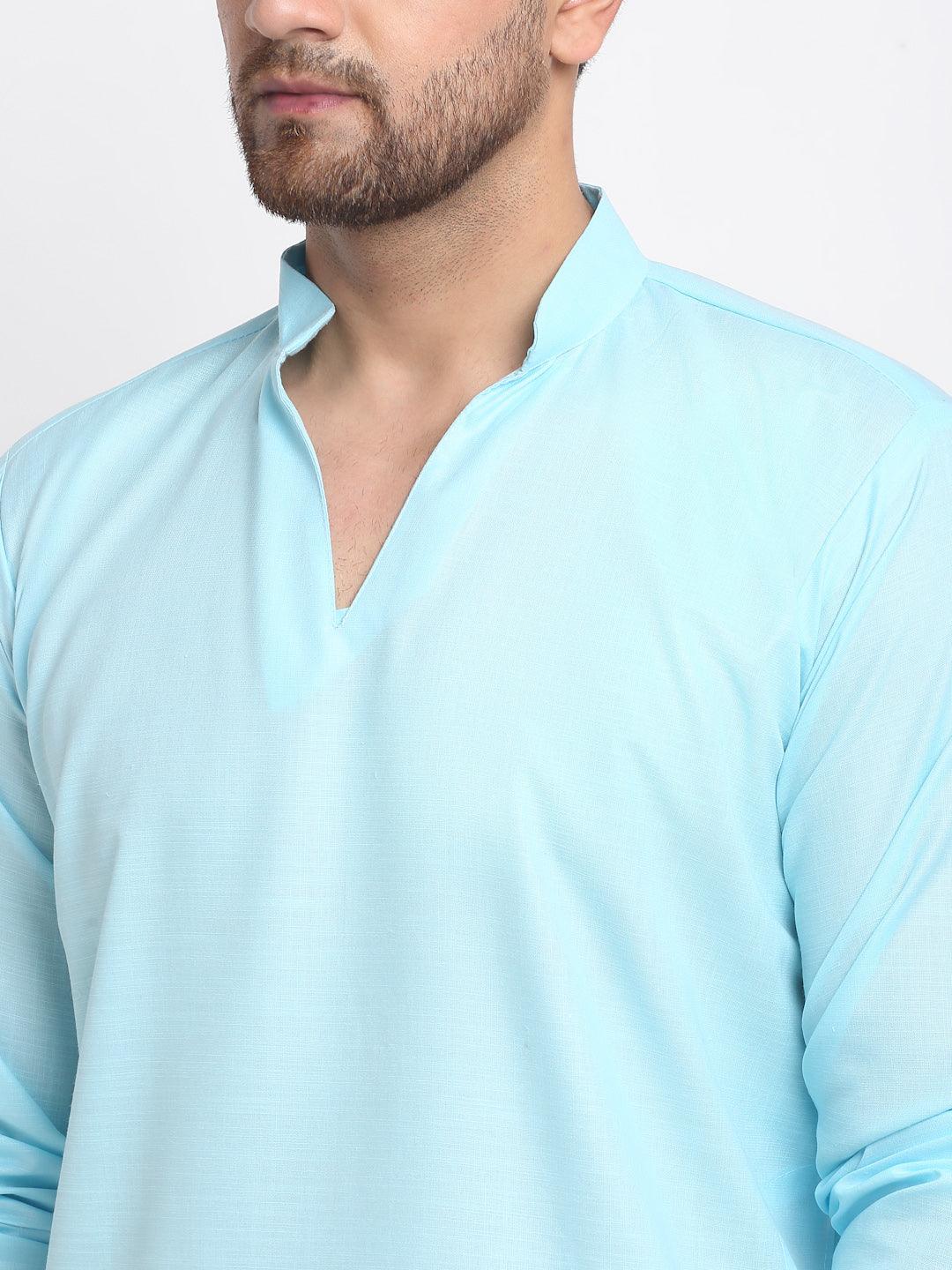 Men's Sky Blue Solid Pathani Kurta With White Salwar - Benstoke - Indiakreations