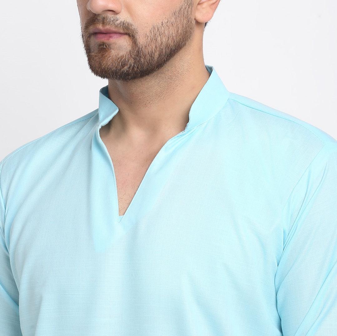 Men's Cotton Blend Sky Blue Straight Long Kurta - Benstoke - Indiakreations