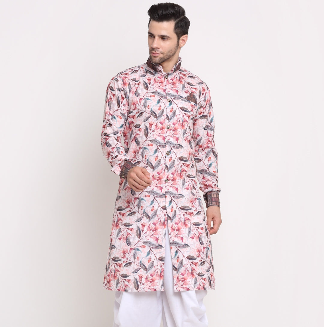 Men's Cotton White & Multi Printed Straight Kurta - Benstoke