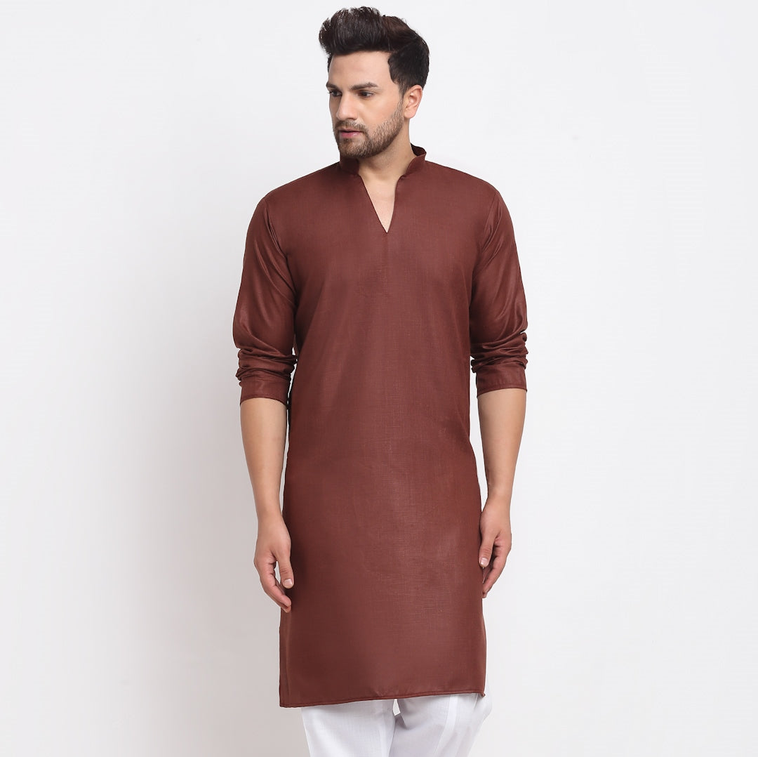 Men's Cotton Blend Brown Straight Long Kurta - Benstoke