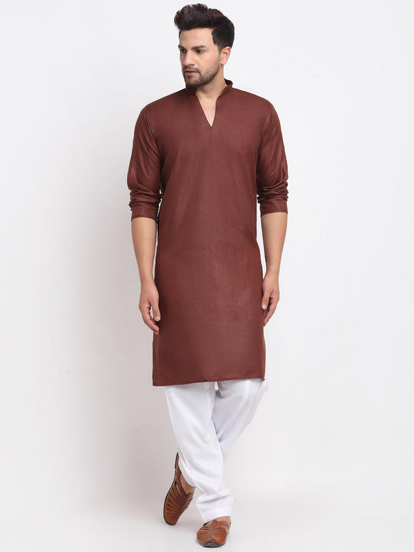 Men's Brown Solid Pathani Kurta With White Salwar - Benstoke - Indiakreations