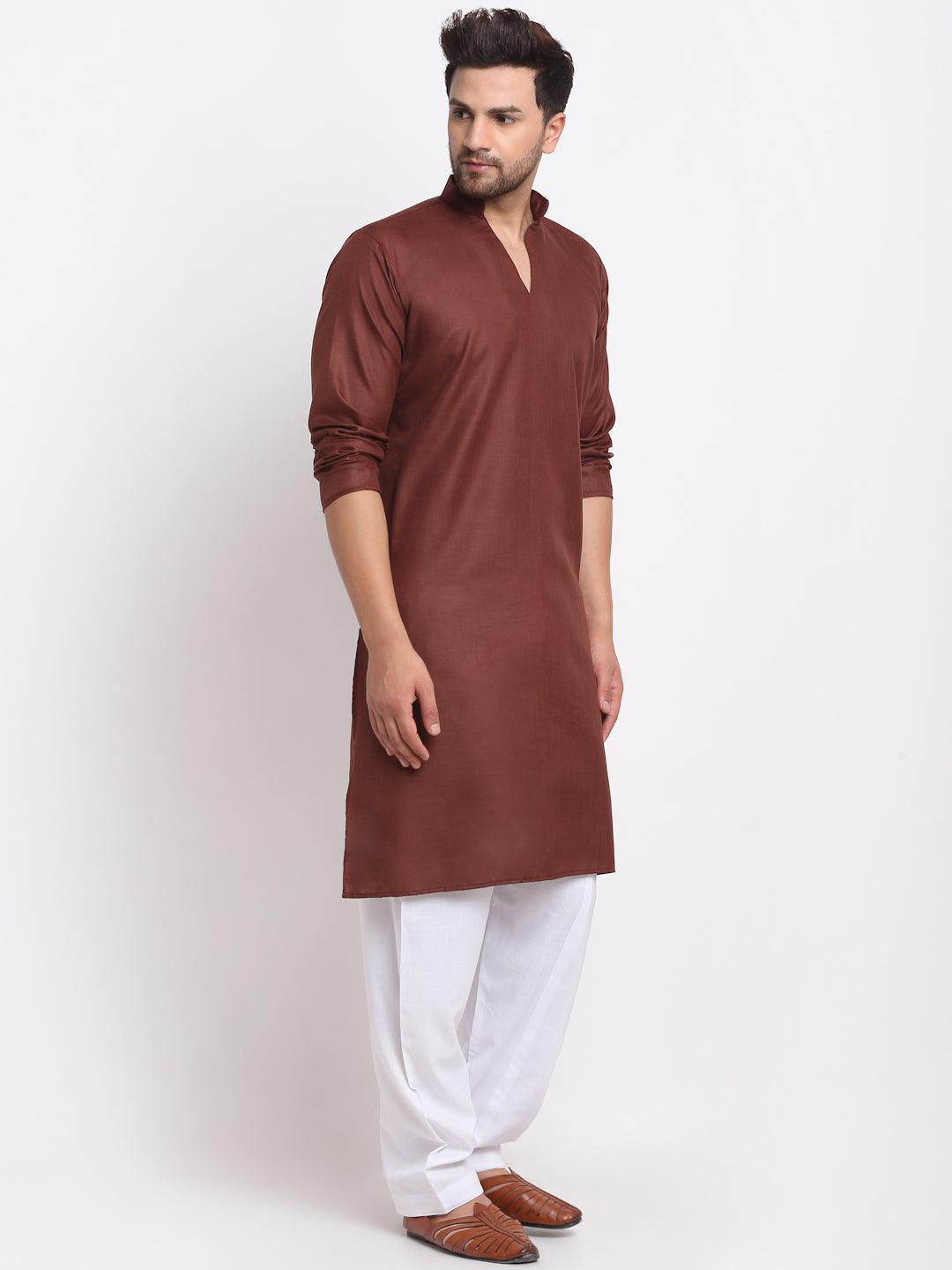 Men's Brown Solid Pathani Kurta With White Salwar - Benstoke - Indiakreations